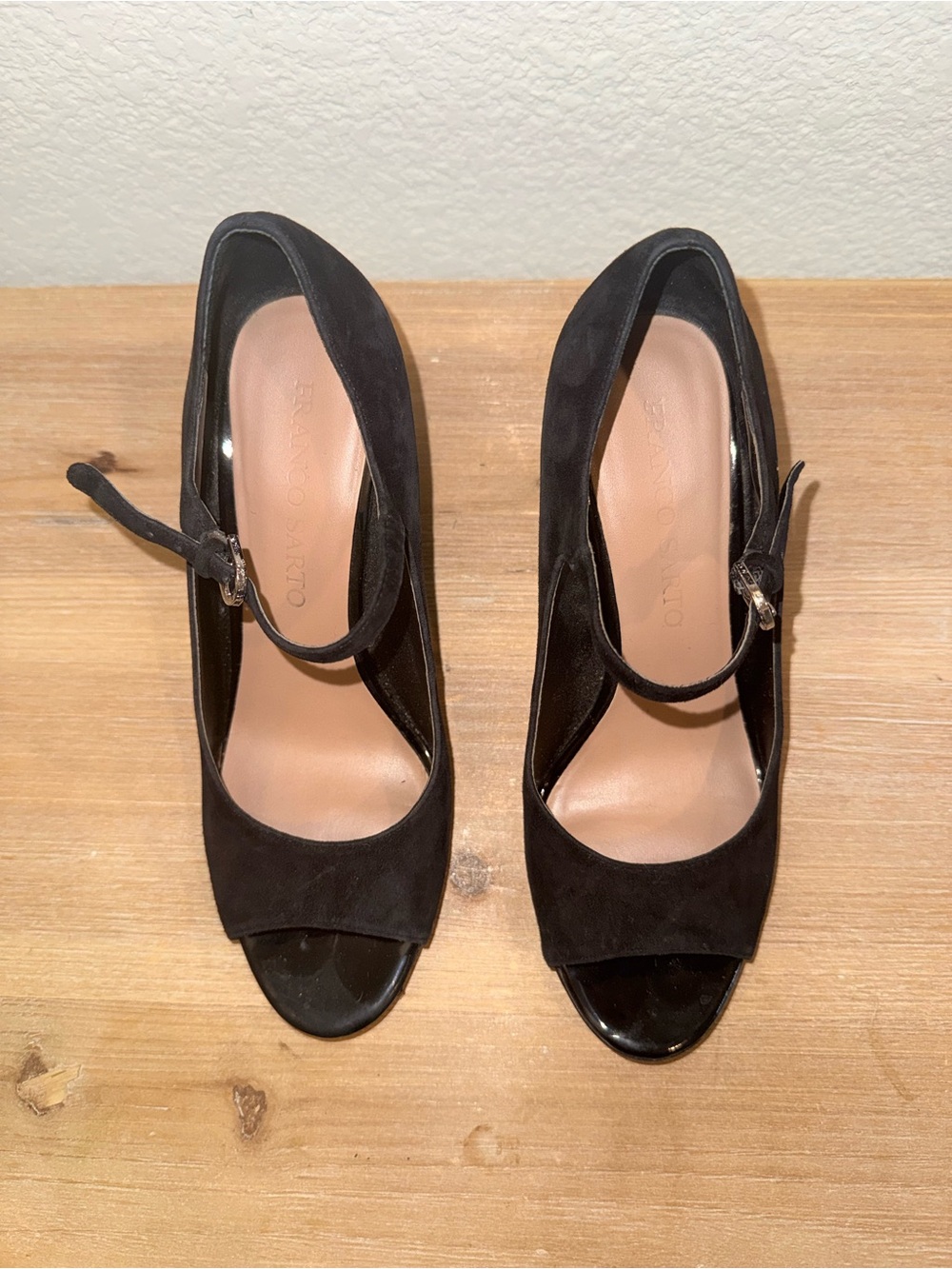 Franco Sarto Black Suede Peep-Toe Wedge Pumps with Mary Jane Strap, Size US 7M - Picture 3 of 6